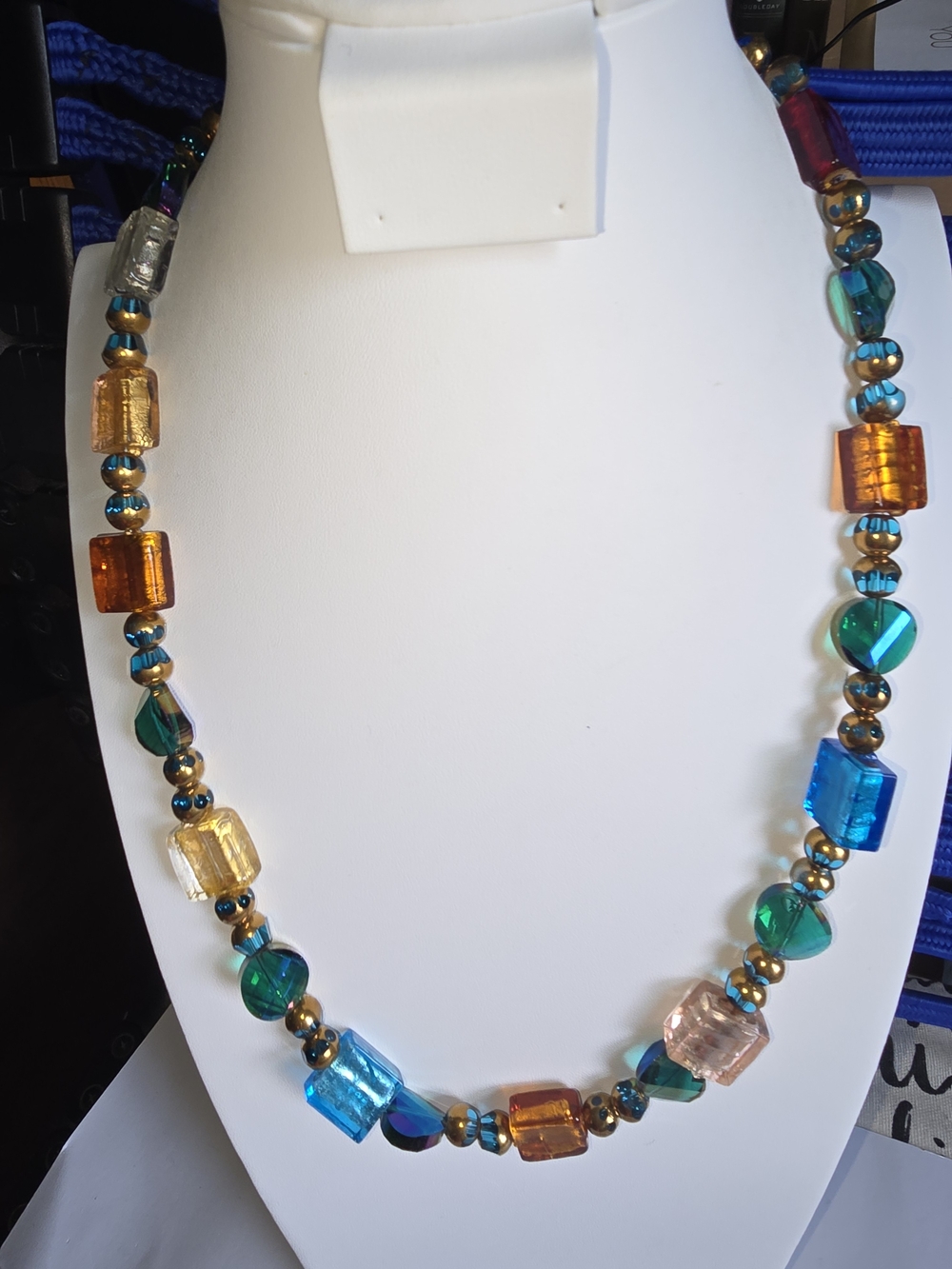 Colorful Glass Bead Necklace with Gold Accents - Women Jewelry